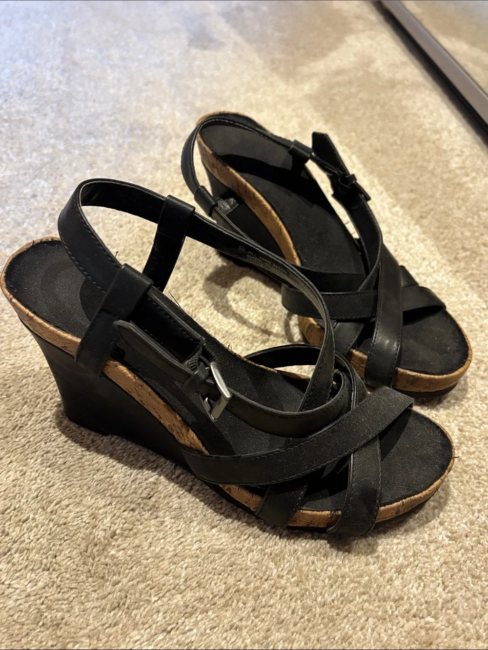 Clarks Black Wedge Sandals with Cork Accent